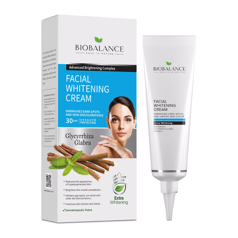 Bio Balance Facial Whitening Cream SPF 30 packaging with Niacinamide, Vitamin C, and Licorice Root Extract
