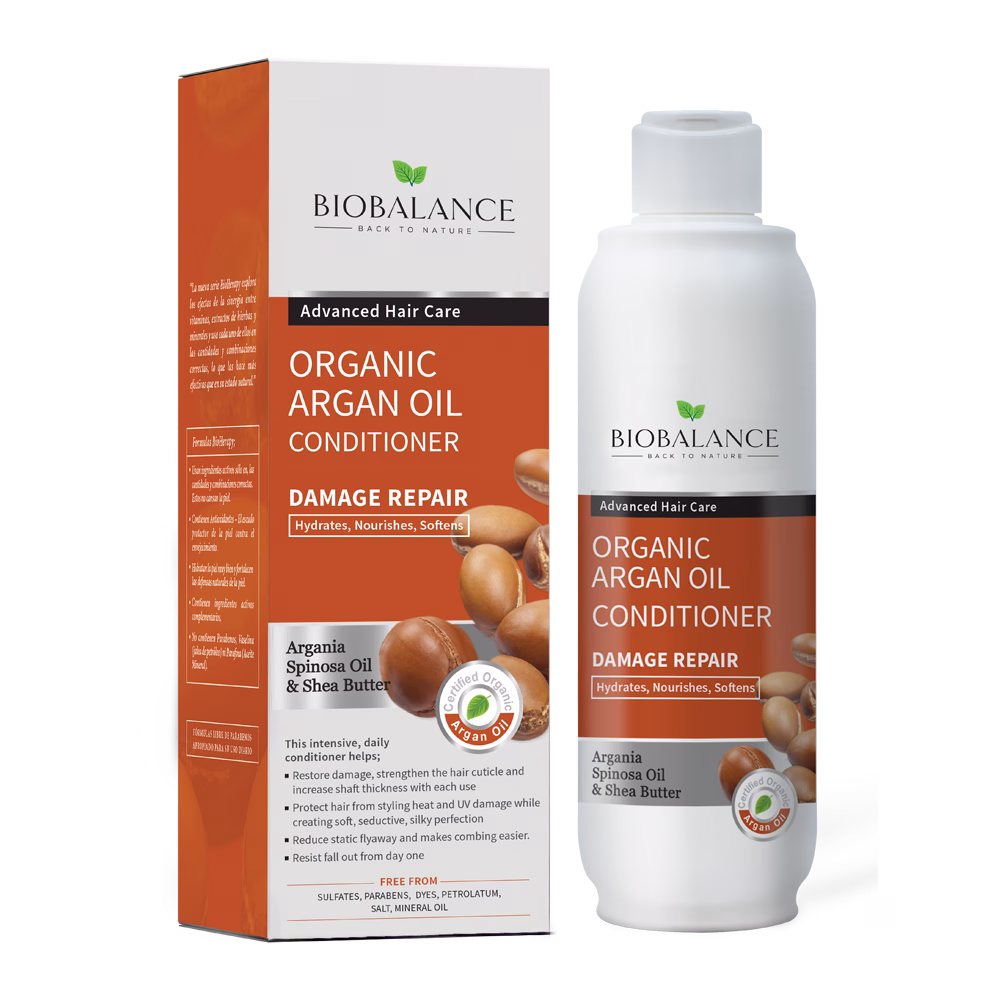 BioBalance Organic Argan Oil Conditioner with Argan Oil, Hexapeptide-11, Shea Butter, and proteins to repair and protect hair
