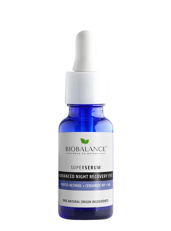 Biobalance Advanced Night Recovery Eye Super Serum bottle labeled with 99% Natural Origin, featuring key ingredients: Phyto-Retinol (Bakuchiol), Ceramide NP, and Hyaluronic Acid.