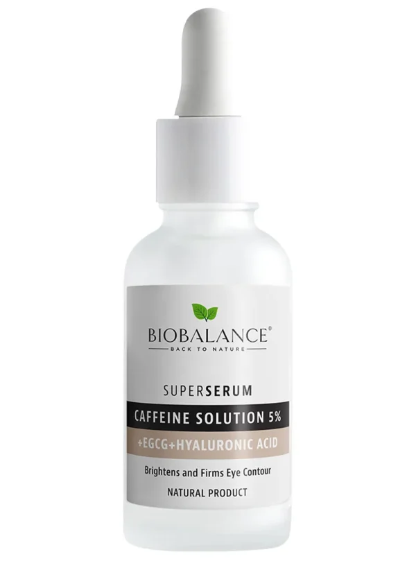 under-eye serum with 5% natural caffeine, EGCG from green tea, and hyaluronic acid in a premium 30ml glass bottle with pipette — designed to brighten, hydrate, and firm the delicate eye contour. Perfect for dark circles and puffiness.
