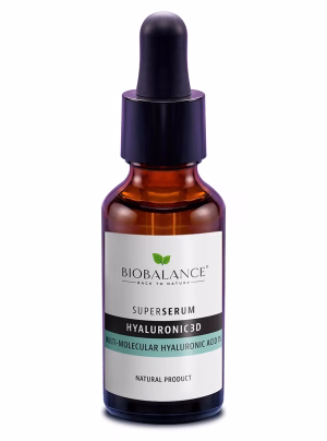 Biobalance Hyaluronic 3D Multi-Molecular Hyaluronic Acid 1% Super Serum, 30ml bottle. Provides multi-layer hydration, plumps lines, and improves skin elasticity.