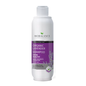 Bio Balance Organic Lavender Shampoo bottle, promotes healthy hair growth, nourishes roots, strengthens and repairs hair, increases shine and flexibility, removes dandruff, 330ml, dermatologically tested.