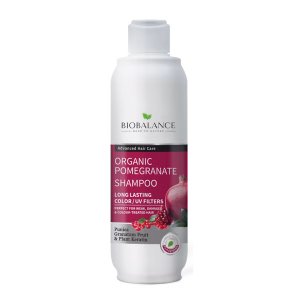 Organic Pomegranate Shampoo bottle, long-lasting color protection, hair detoxification, antioxidant-rich, for weak, damaged, and color-treated hair, UV protection, natural ingredients, Bio Balance 330ml.