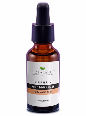 Biobalance Pore Downsizer Oleanolic Acid Super Serum, 30ml bottle. Designed to minimize pore size, control sebum, and reduce facial shine. Suitable for oily, combination, and sensitive skin.