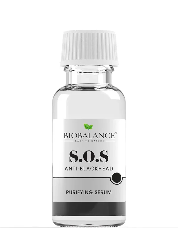 Biobalance S.O.S. Purifying Serum bottle featuring visible black sediment, formulated with charcoal powder, salicylic acid, lactic acid, and zinc oxide for blackhead-prone skin.