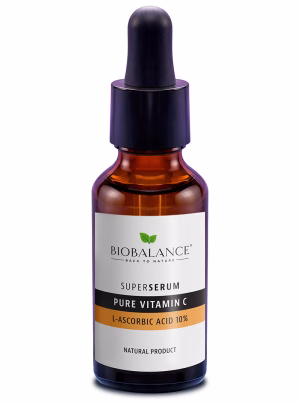 Biobalance Pure Vitamin C L-Ascorbic Acid 10% Super Serum, 30ml bottle. Brightening and antioxidant formula that promotes collagen synthesis, reduces dark spots, and improves skin clarity.