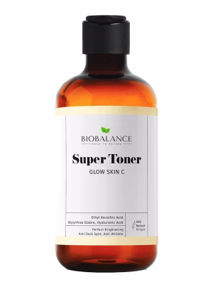Brightening Glow Skin C Super Toner with ethyl ascorbic acid, licorice extract, and hyaluronic acid for radiant, hydrated skin.