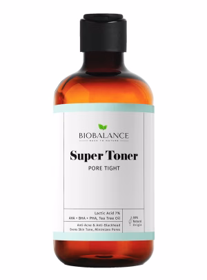 Pore Tight Super Toner with lactic acid, AHA/BHA/PHA, and tea tree oil for acne, blackhead control, and pore minimization.