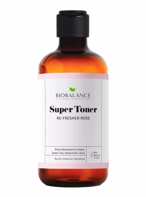 Re-Fresher Rose Super Toner with rose flower, green tea, and hyaluronic acid for hydration and skin barrier support.