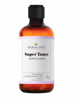 Vegan Collagen Super Toner with acacia collagen, amino acids, and hyaluronic acid to firm, volumize, and revitalize skin.