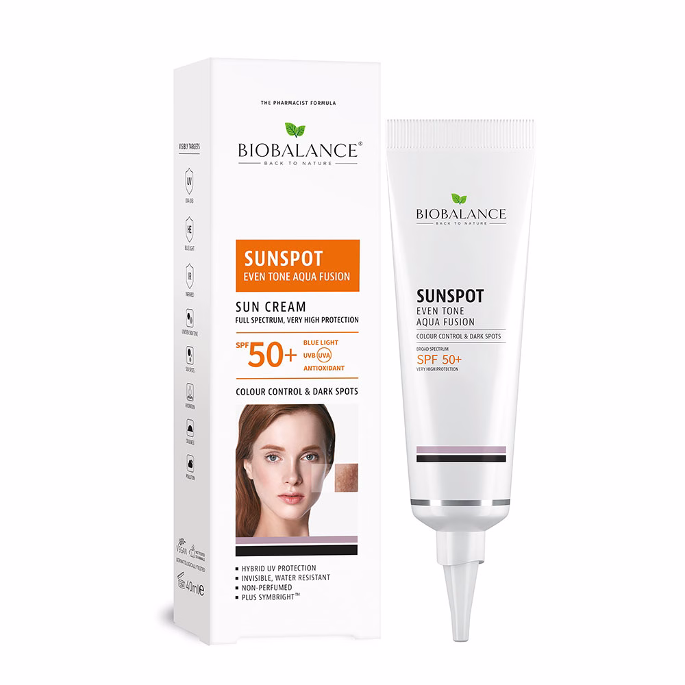 biobalance sunscreen with full-spectrum UVA, UVB, blue light, and infrared protection to fade dark spots