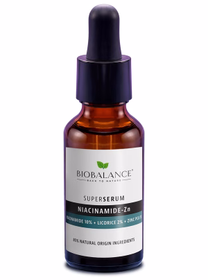 biobalance Niacinamide-Zn Super Serum bottle with 10% Niacinamide, Licorice & Zinc PCA for acne, pores, and dark spots